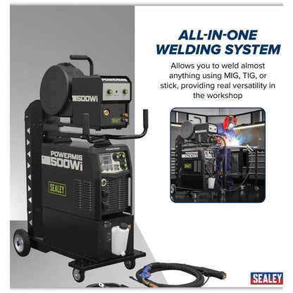Sealey POWERMIG500Wi 500A Professional Gas/Gasless MIG/TIG/MMA Inverter Welder with Portable Wire Feeder & Water Cooler 400V/3ph