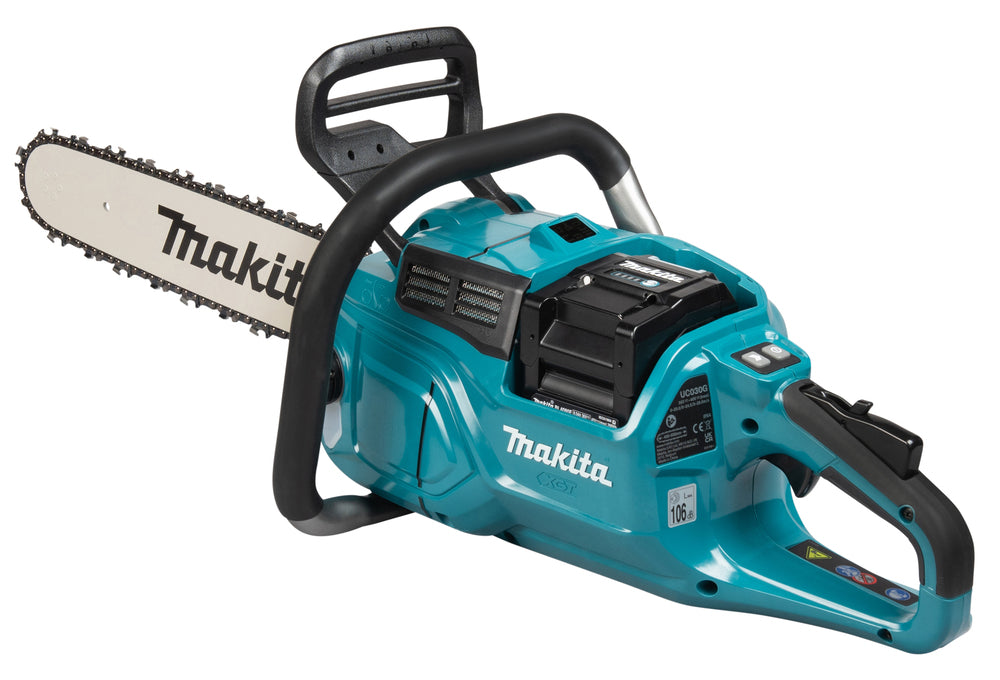 Makita UC030GZKIT 2 x BL4080H AND DOUBLE CHARGER 40V Max XGT 400mm 16" Brushless Rear Handle Chainsaw Body Only Gold
