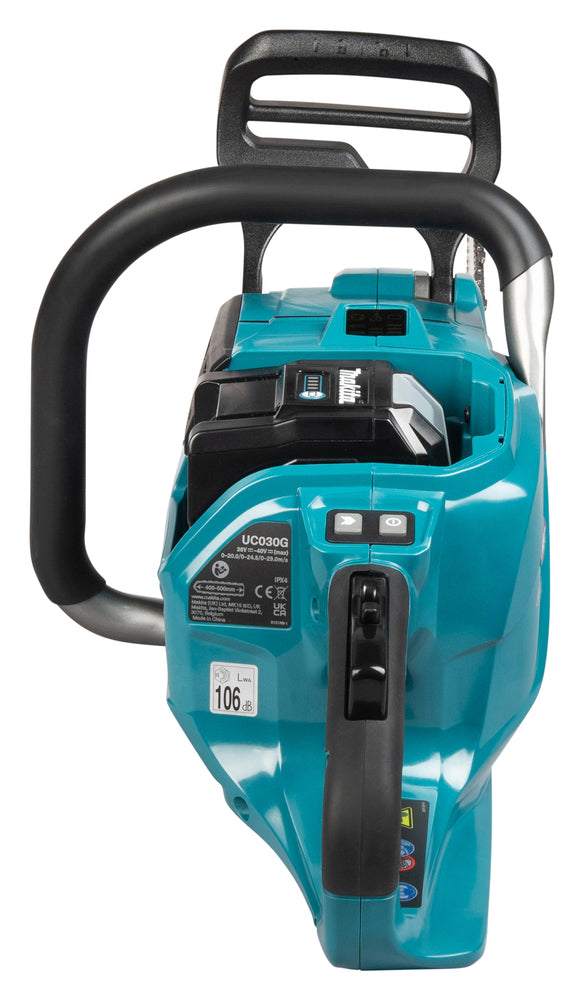 Makita UC030GZKIT 2 x BL4080H AND DOUBLE CHARGER 40V Max XGT 400mm 16" Brushless Rear Handle Chainsaw Body Only Gold