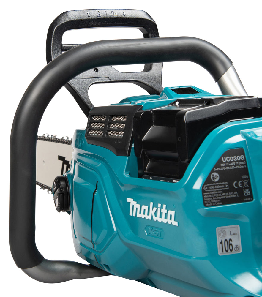 Makita UC030GZKIT 2 x BL4080H AND DOUBLE CHARGER 40V Max XGT 400mm 16" Brushless Rear Handle Chainsaw Body Only Gold
