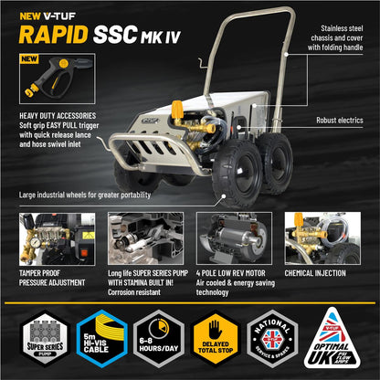 V-TUF RAPIDSSC415V-20015 15L/min All-Stainless Industrial Mobile Pressure Washer 3000psi & 200Bar